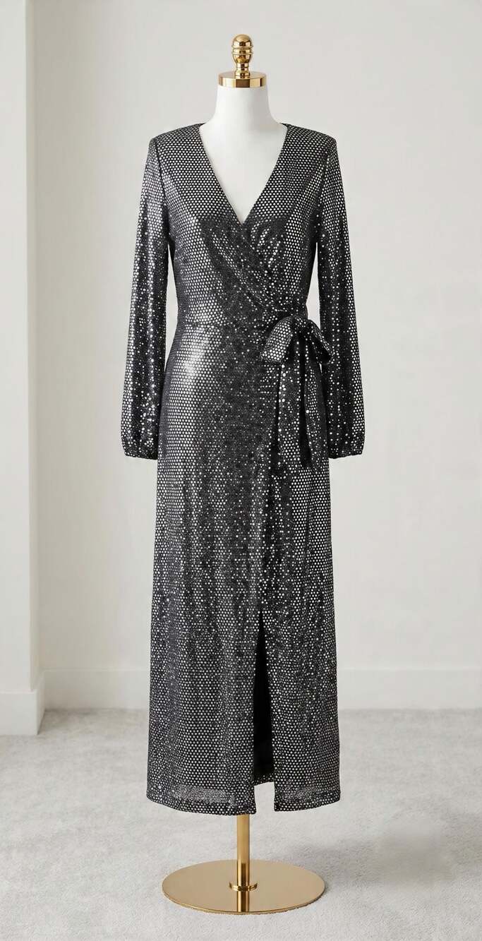 Size 12 Large BloomChic Long Sleeve V-Neck Sequin Wrap Maxi Dress Tie Waist